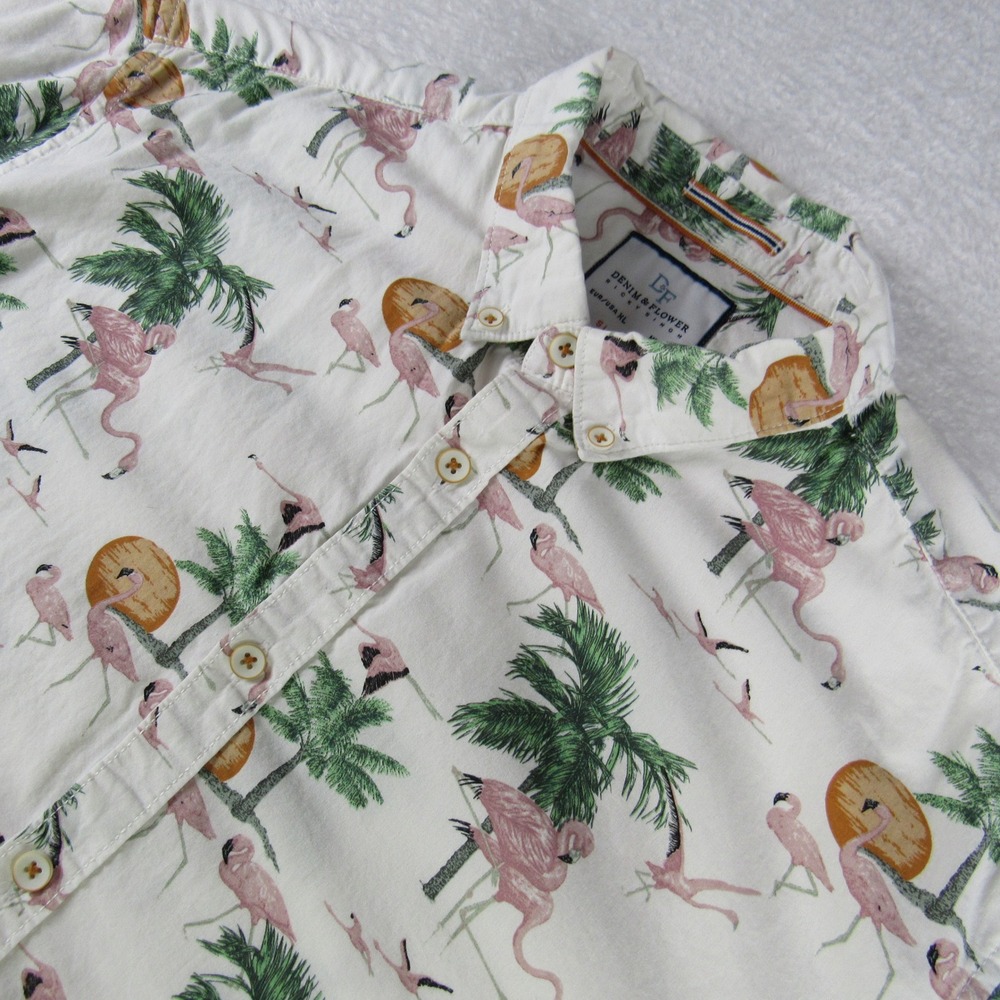 Denim‎ & Flower Button Down Mens XL White Excellent Flamingo Palm Tree Slim Fit
